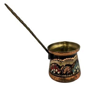 Vintage Turkish Hand Painted Copper Coffee Pot Kettle Decor Cezve Wooden Handle‎